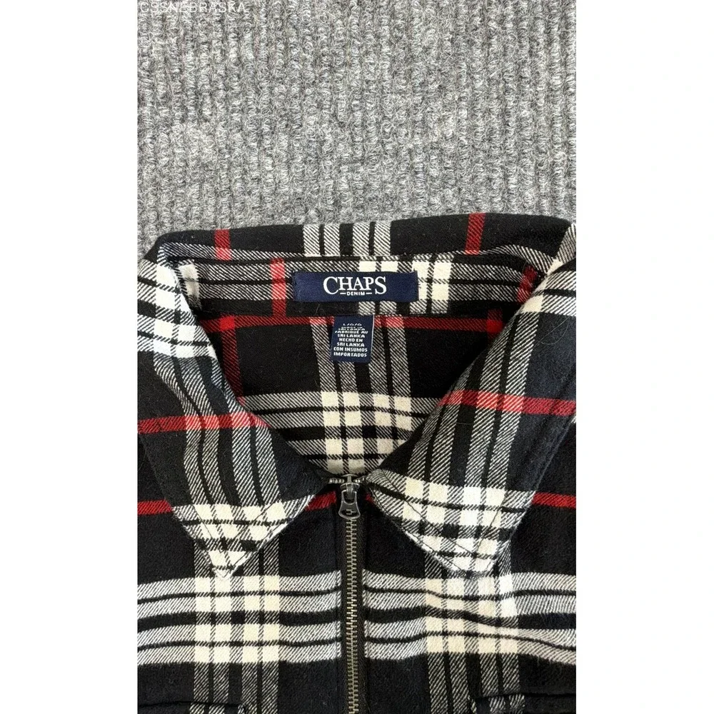 CHAPS Red Black White Womens Full Zip Flannel Shirt Jacket Plaid Long Sleeve - L
